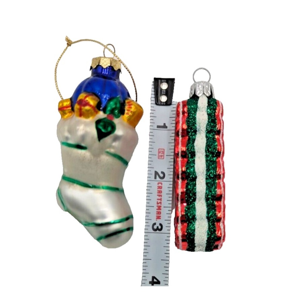 Blown‎ Glass Ornament Lot of 2 Stocking and Ribbion